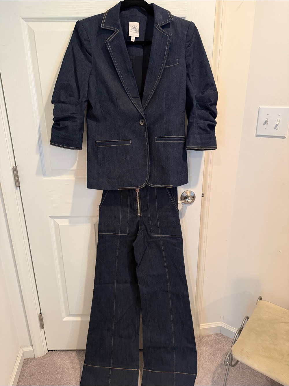 cinq a sept Dark Indigo Denim Pantsuit with Contrast Stitching